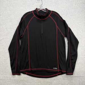 LL Bean 1/4 Zip Sweater Mens Large Black Red Merino Wool Light Weight Pullover
